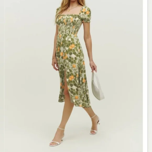 Reformation inka Floral Green and Orange Dress Drop Waist Sz Med - Picture 3 of 17